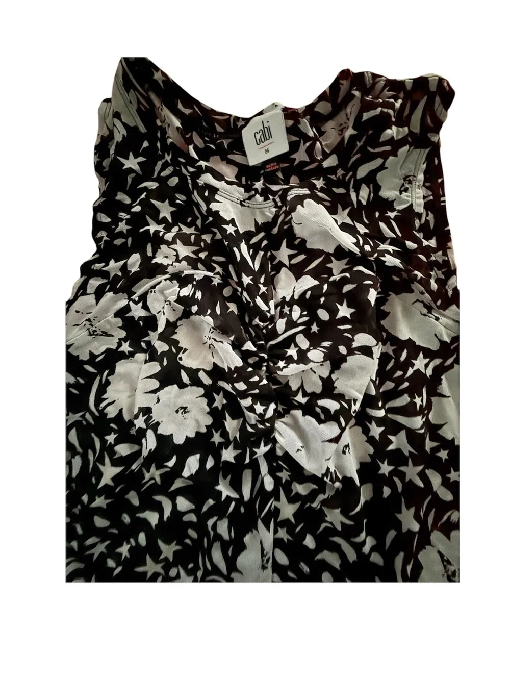 CAbi Black & White Floral Gathered Neck Sleeveless Top